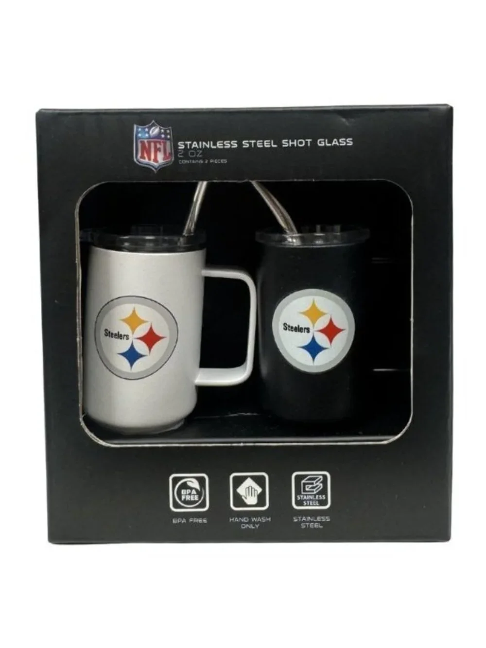 Pittsburgh Steelers 2Pk Shot Glass Steins Stainless Steel Metal Straw Vac Seal
